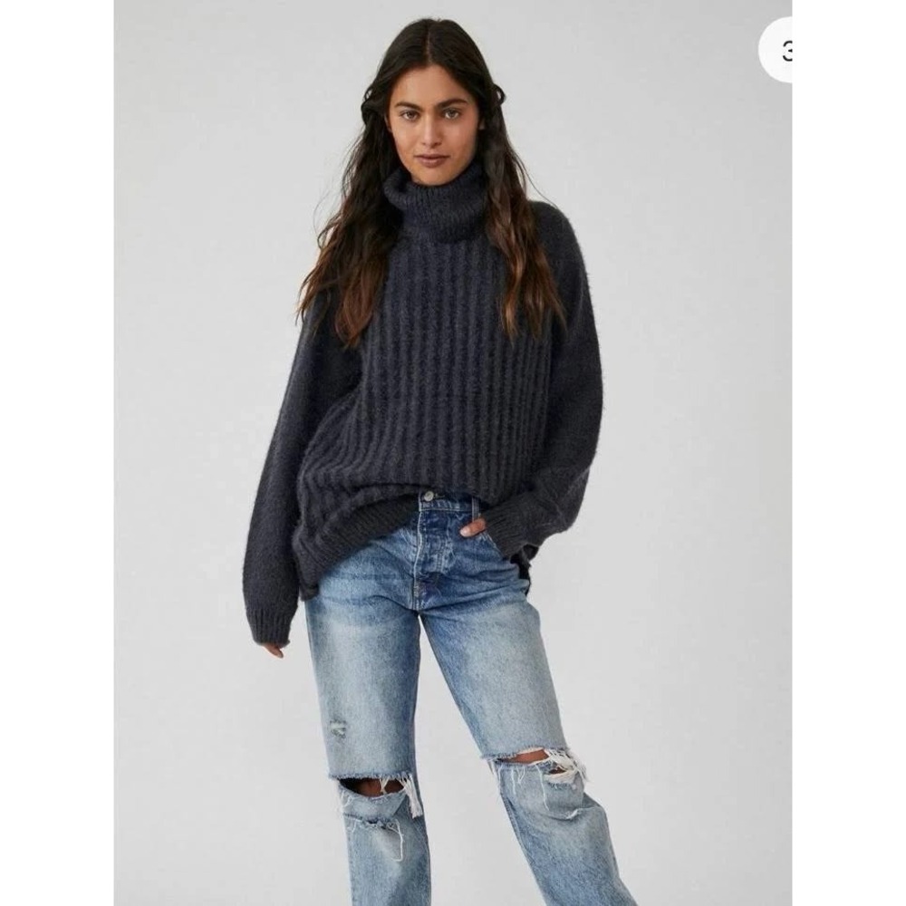 Free People Charcoal Gray Cozy Ribbed Cowl Turtleneck Sweater